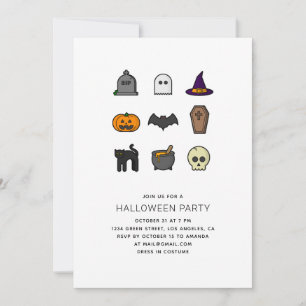 Halloween fest. Skull, pumpa, fladdermus, svart ka Inbjudningar