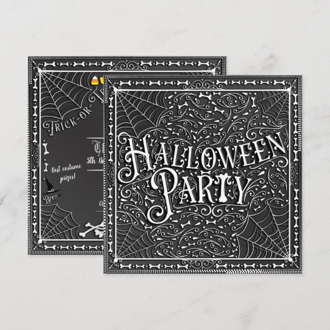 Halloween fest Spindelnät & Bones Black White Inbjudningar (Fram/baksida)