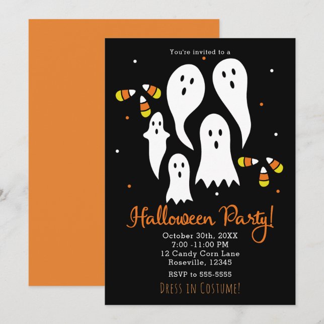 Halloween fest Spöken & Candy corn Black Orange Inbjudningar (Fram/baksida)