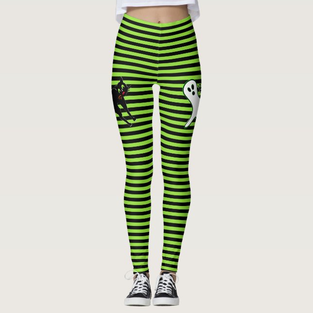 Halloween fest Spooky Cat Cute Ghost Black Grönt Leggings (Framsida)