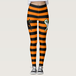 Halloween fest Spooky Cat Cute Ghost Black Orange Leggings