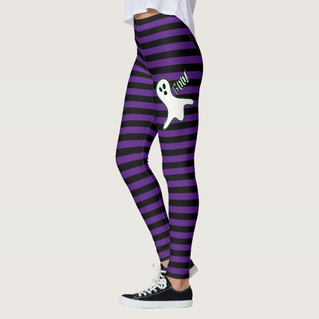 Halloween fest Spooky Cat Cute Ghost Lila Black Leggings (Vänster)