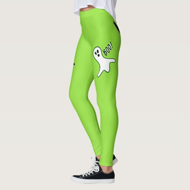 Halloween fest Spooky Cat Cute Ghost Neon Grönt Leggings (Vänster)
