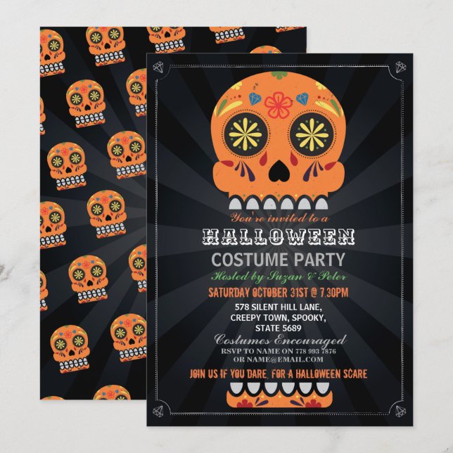 Halloween fest Sugar Skull Orange Pumpkin Inbjudningar (Fram/baksida)