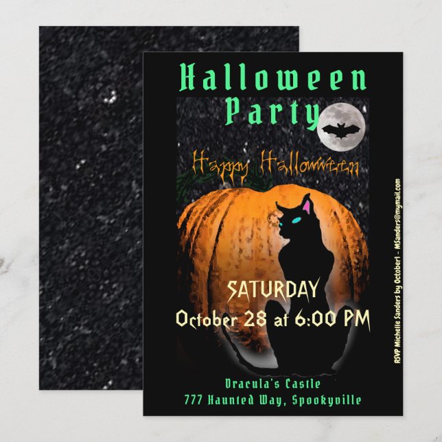 Halloween fest | Svart katt- och pumpinbjudan Inbjudningar (Fram/baksida)