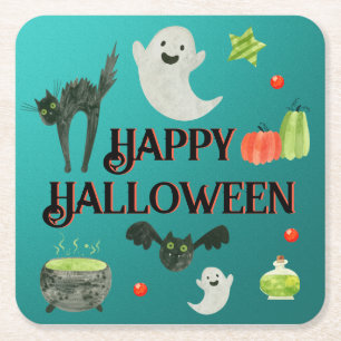 Halloween fest Teal och Grönt Underlägg Papper Kvadrat