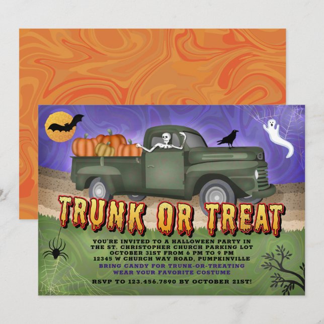 Halloween fest Trunk eller Treat Pumpkin Lastbil K Inbjudningar (Fram/baksida)