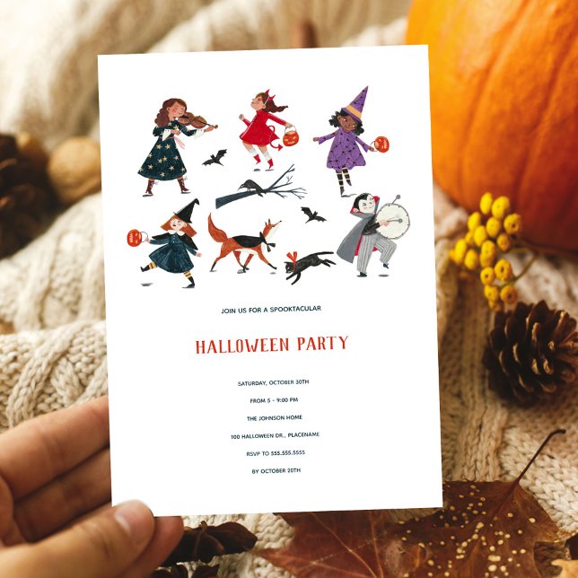 Halloween fest-ungar bus eller godis parad julkort (Halloween party kids trick or treat parade holiday card)