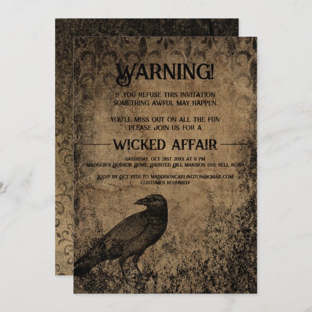 Halloween fest Vintage Gothic Raven Inbjudningar (Fram/baksida)
