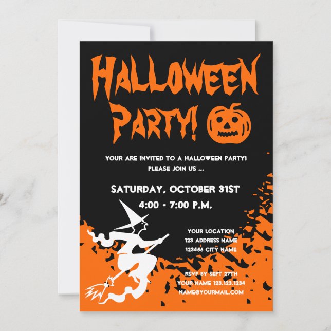 Halloween-festinvitationer med pumpa och häxa inbjudningar (Framsida)