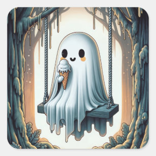 Halloween-figur av spöke med isglasskon fyrkantigt klistermärke