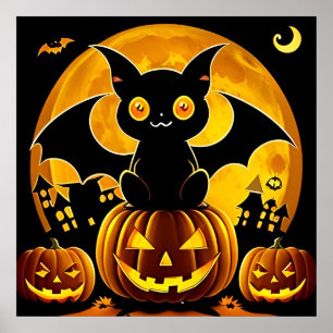 Halloween-figurer Fladdermöss Flyger Över Pumpor Poster