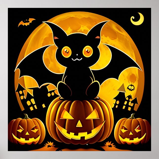 Halloween-figurer Fladdermöss Flyger Över Pumpor Poster (Framsidan)