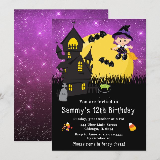 Halloween Finare Dress Birthday Witch Lila Inbjudningar (Fram/baksida)