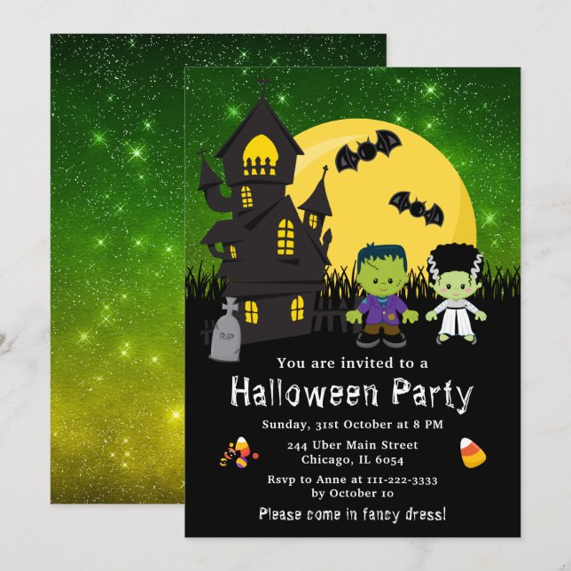 Halloween Finare Dress Party Monsters Grönt Inbjudningar (Fram/baksida)