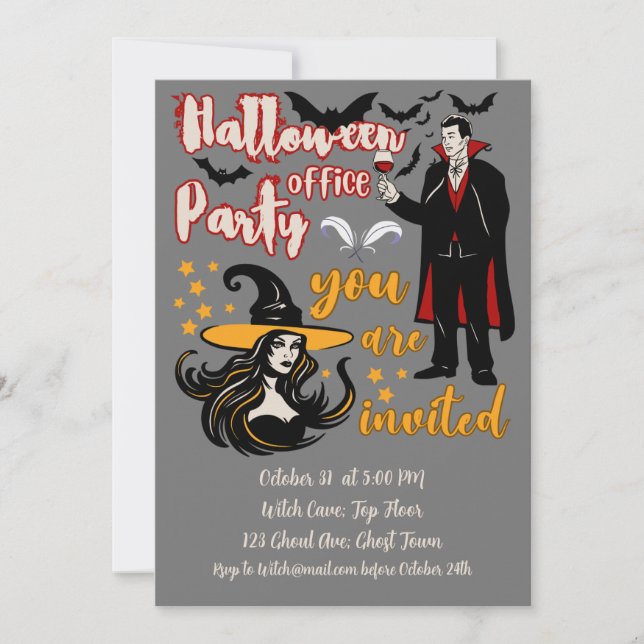 Halloween firar på kontoret Dracula Häxa Inbjudningar (Framsida)