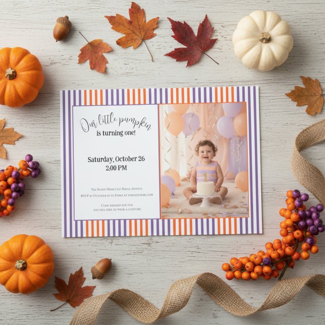 Halloween First Birthday Invitation | Cute Pumpkin Inbjudningar (Our Little Pumpkin first birthday invitation mockup with mini pumpkin, pastel balloons, and gold rib)