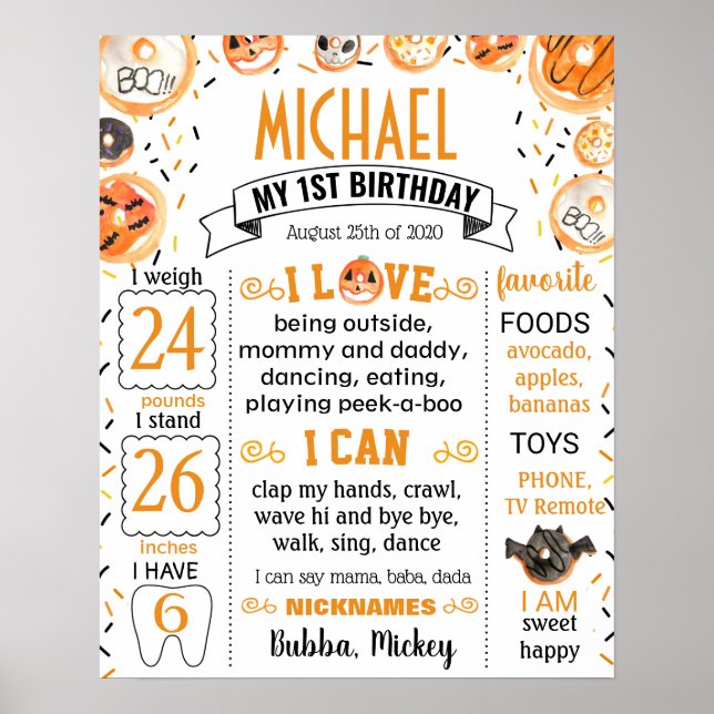 Halloween First Birthday Milestone-skylt Poster (Framsidan)