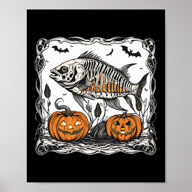 Halloween Fish Skeleton Funny Spooky Fish Bone Gra Poster (Framsidan)