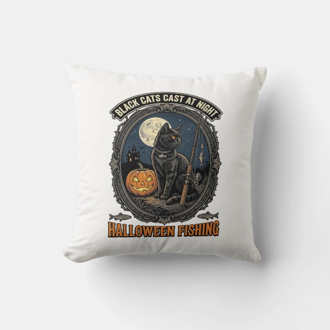 Halloween Fiskande Katt Vintage Pumpa Design_1 Kudde (Framsida)