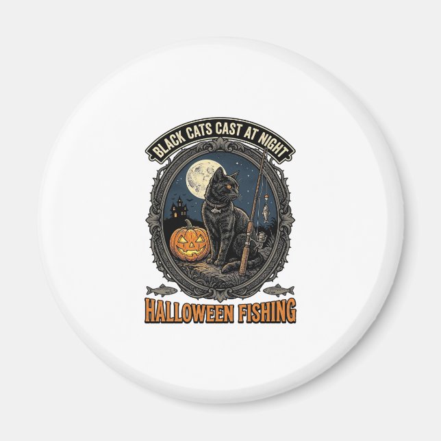 Halloween Fiskande Katt Vintage Pumpa Design_1 Magnet (Framsidan)