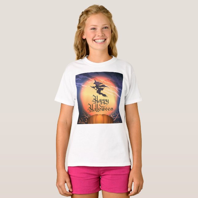 Halloween Fitch Broom Pumpkin T-Shirt (Hel framsida)