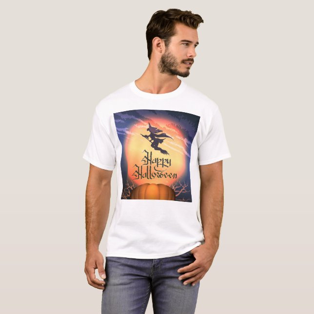 Halloween Fitch Broom Pumpkin T-Shirt (Hel framsida)