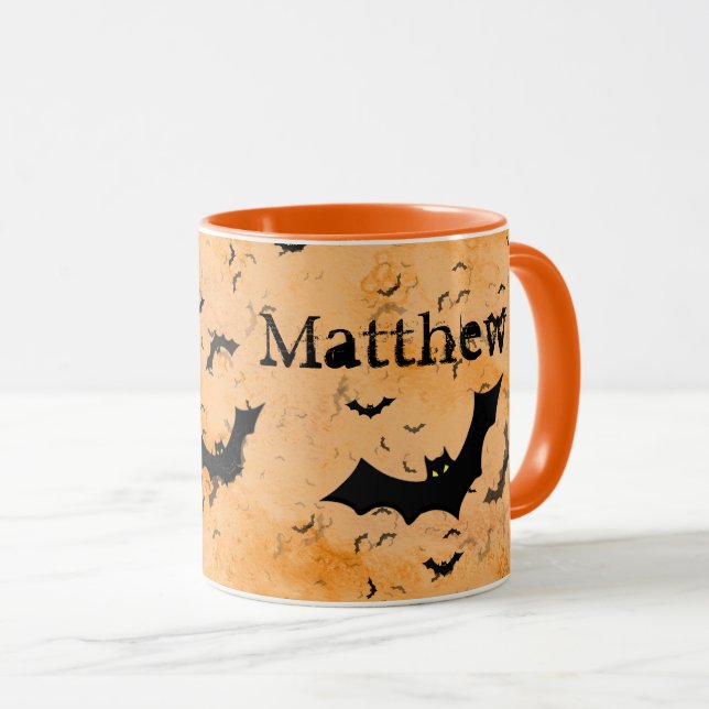 Halloween-Fladdermöss, ditt namn på Orangen Mugg (Framsida höger)