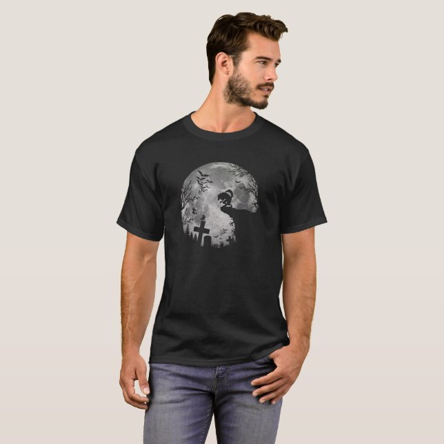 Halloween-Fladdermöss och Black Varg Howling Måne T Shirt (Hel framsida)