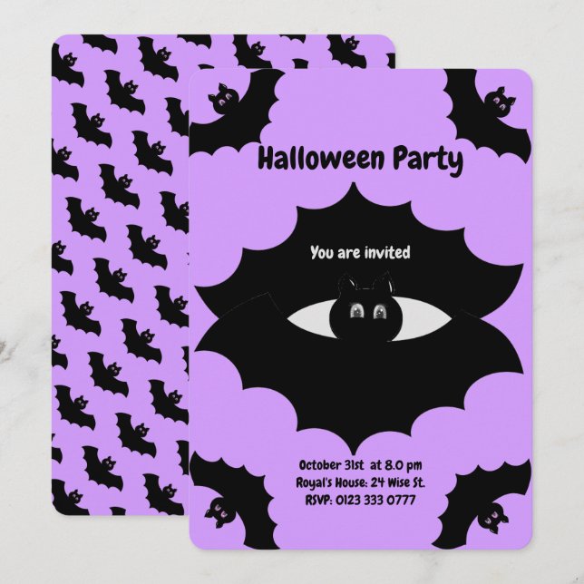 Halloween-Fladdermöss på Violet Inbjudningar (Fram/baksida)