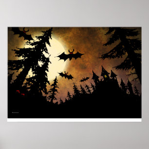 Halloween fladdermöss, slott och måne poster