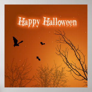 Halloween-fladdermöss & träd - Affisch