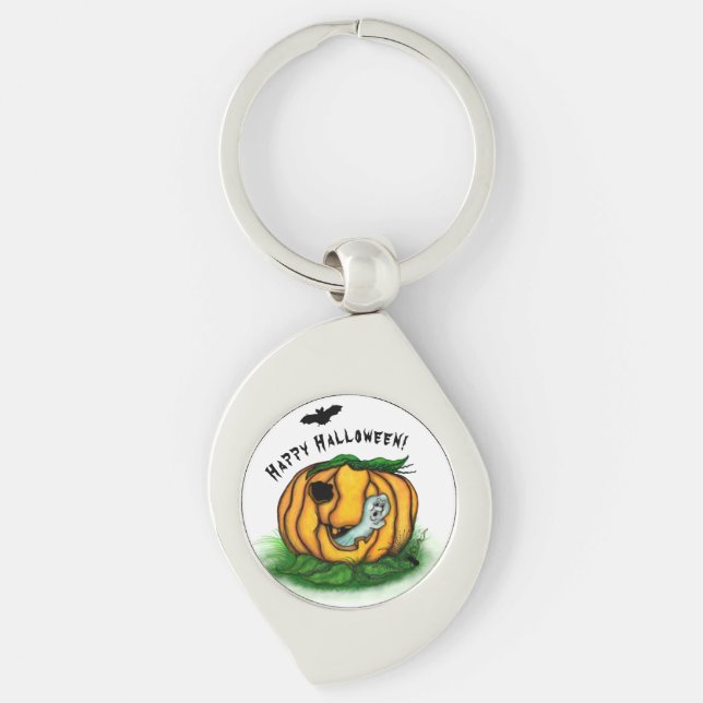 Halloween, Fladdermus, Ghost och Spider Swirl Silverfärgad Nyckelring (Framsidan)