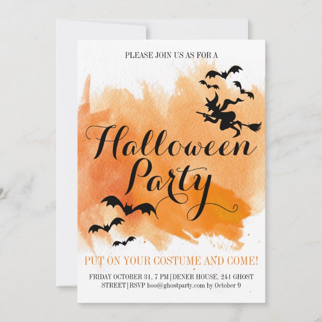 Halloween fladdermus och häxa modern vattenfärg inbjudningar (Framsida)