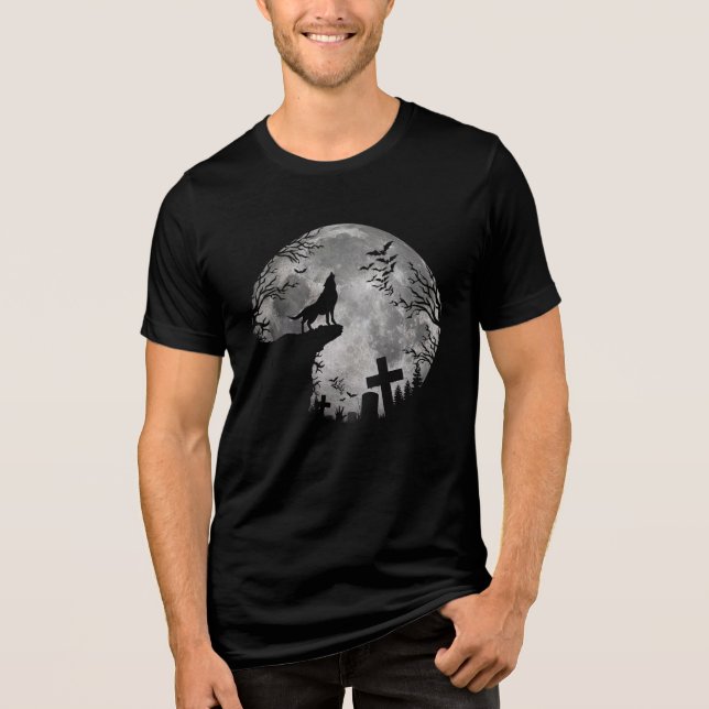 Halloween Fladdermus och Varg Howling Måne T Shirt (Framsida)
