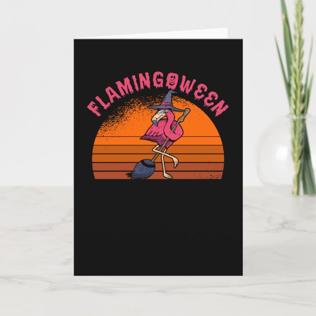 Halloween Flamingo Flamingoween Witch Broom Retro Kort (Framsida)