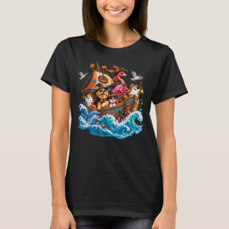 Halloween Flamingo Hund Katt Trä Båt Ocean Färder T Shirt