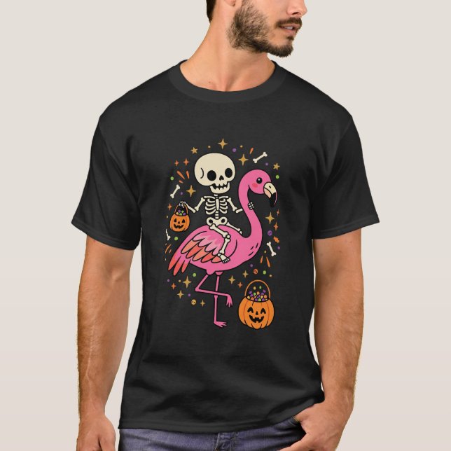 Halloween Flamingo Skelett Sockerdosa Vektor De T Shirt (Framsida)