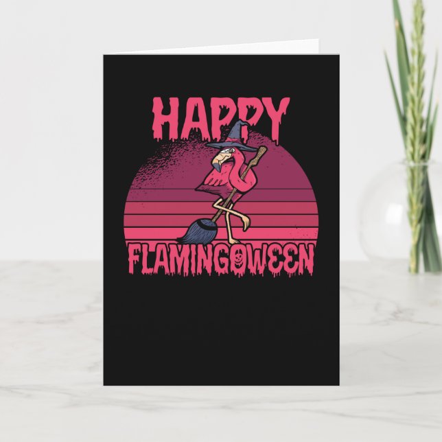 Halloween Flamingoween Flamingo Witch Broom Retro Kort (Framsida)