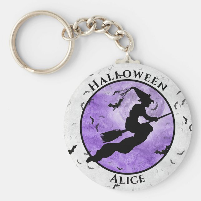 Halloween Flies Black Witch Silhouette Lila Nyckelring (Framsidan)