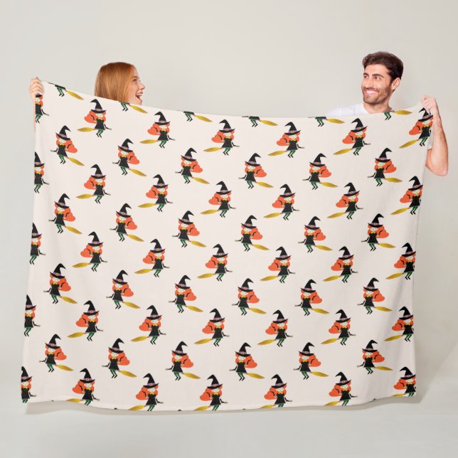 Halloween Flies Cute Witch med Broom Beige Fleecefilt (På plats)