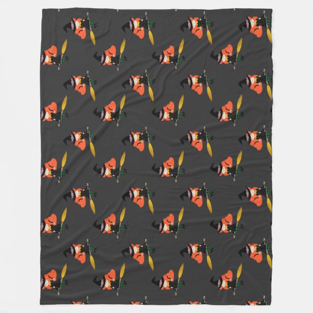 Halloween Flies Cute Witch med Broom Charcol Fleecefilt (Framsidan)