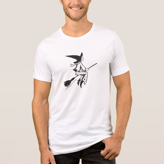 Halloween Flies Witch Black Line Teckning T-shirt (Framsida)