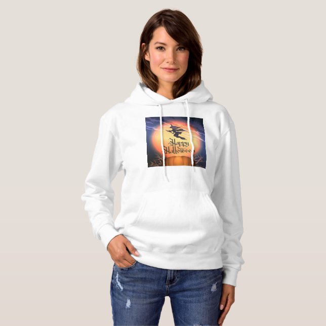 Halloween Flies Witch Broom Pumpkin Hoodie T Shirt (Hel framsida)