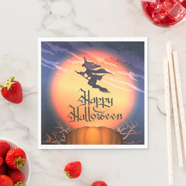 Halloween Flies Witch Broom Pumpkin Napkins Pappersservett (Skapare uppladdad)