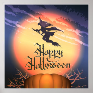 Halloween Flies Witch Broom Pumpkin Poster