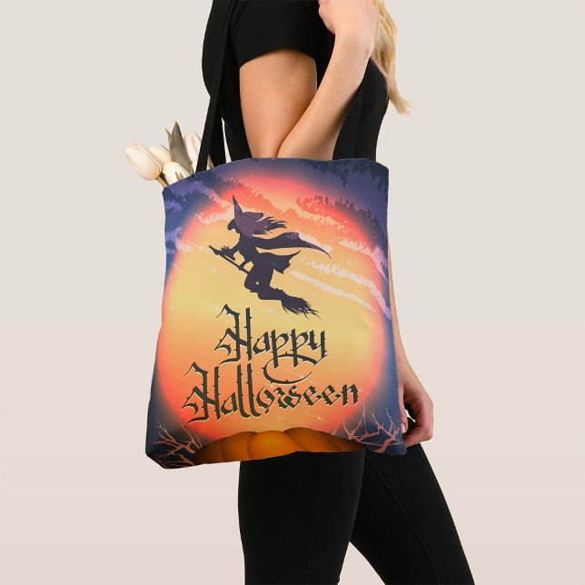 Halloween Flies Witch Broom Pumpkin Tote Bag Tygkasse (Skapare uppladdad)