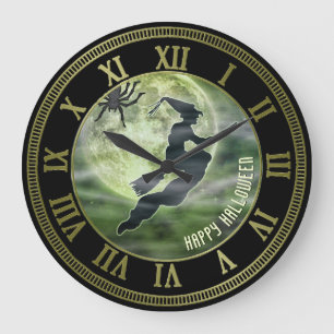Halloween Flies Witch Silhouette Grönt full Moon Stor Klocka