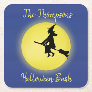 Halloween Flies Witch Silhouette i Moonlight Underlägg Papper Kvadrat