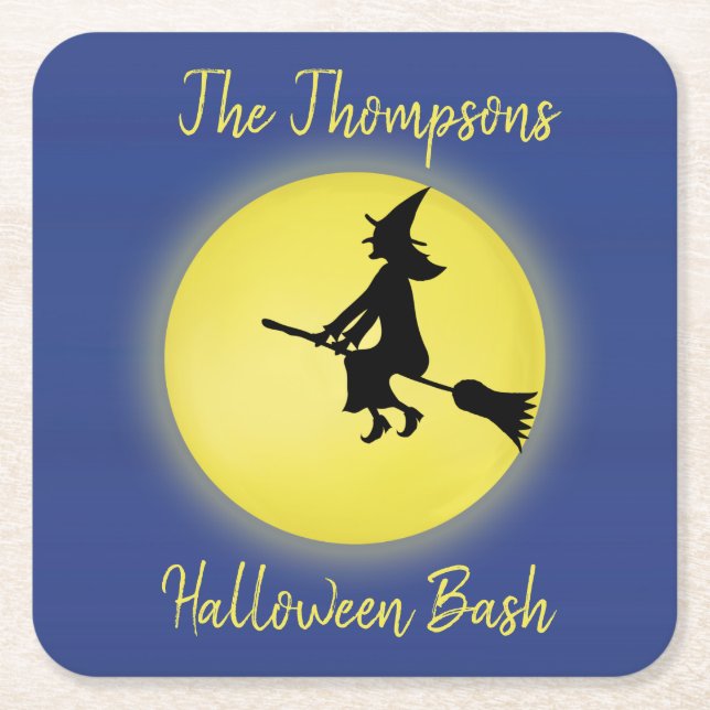 Halloween Flies Witch Silhouette i Moonlight Underlägg Papper Kvadrat (Framsidan)